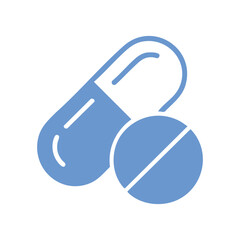 Blue medicine capsule and tablet icon isolated on white background, pharmaceutical and healthcare symbol