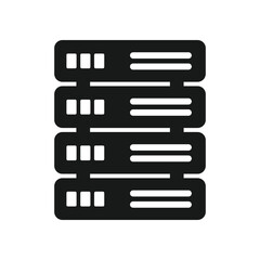 Black server rack icon isolated on white background, data storage and network hosting symbol for IT and cloud computing