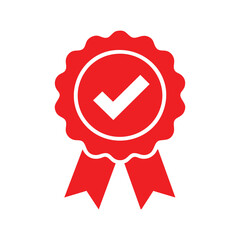 Red quality badge with check mark and ribbon, approval and certification icon isolated on white background