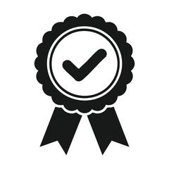 Black quality badge icon with check mark and ribbon, certification or approval symbol isolated on white background
