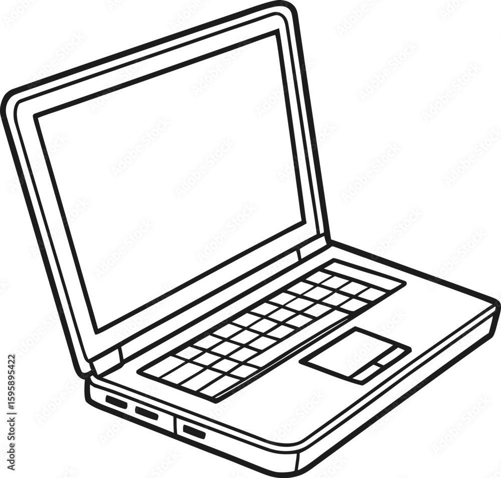 Fototapete black and white outline drawing of an open laptop computer with a blank screen technology