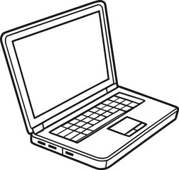 Black and white outline drawing of an open laptop computer with a blank screen technology