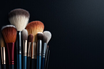 Set of Colorful Makeup Brushes on Black Background with Blank Copy Space