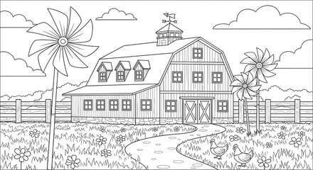 Obraz premium Kids coloring page illustration of a charming farm scene with a barn, pinwheels, and chickens