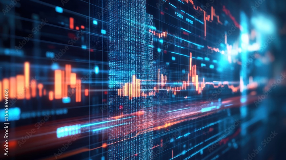 Poster digital financial analysis: an abstract portrayal of financial data, illuminating the intricacies of
