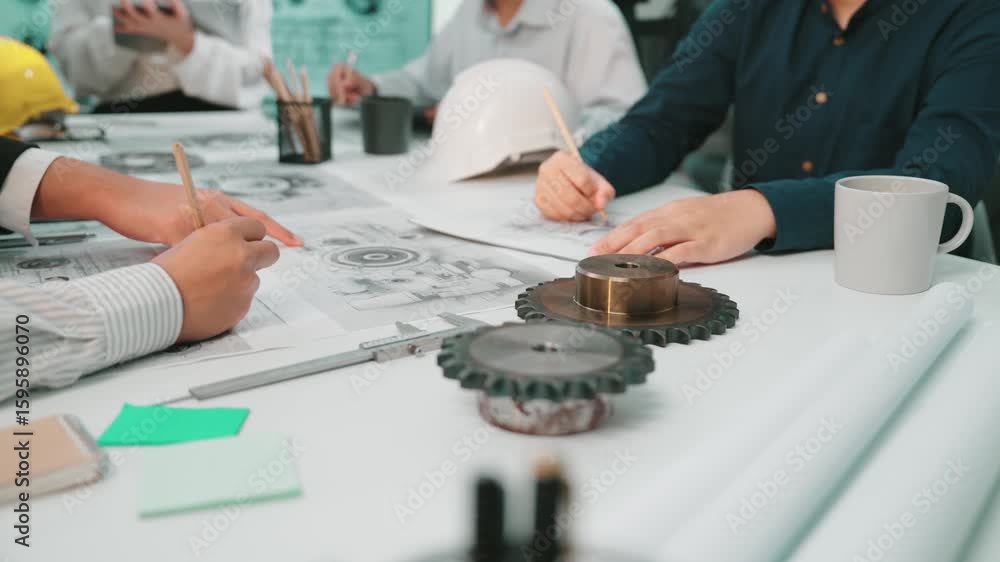 Poster a vibrant workspace shows engineers collaborating on technical drawings and blueprints. they discuss