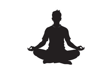 Silhouette of a man meditating in the lotus position promoting mindfulness, relaxation, and inner peace through yoga and meditation practices isolated on a white background, Art & Illustration