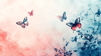 Blue and Red Butterfly Watercolor Art on Abstract Canvas Background,Generative Ai