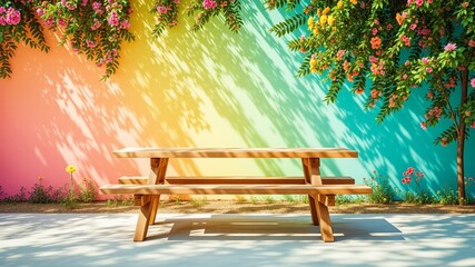 Rustic Picnic Table Against a Vibrant Color Palette