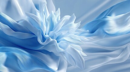 Elegant abstract blue and white silk peony flower background with soft lighting, delicate wave pattern of petals creating dreamy atmosphere and tranquil vibrant hues