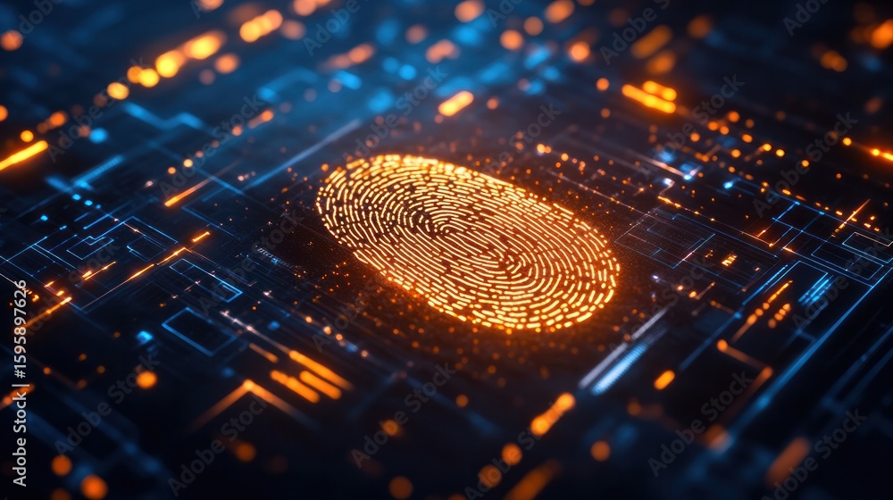 Poster cybernetic fingerprint: a digital fingerprint, illuminated with glowing circuits, symbolizing secure