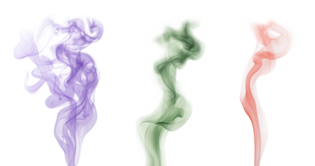 Smoke in purple green and red color on the transparent background. Cigarette quitting concept. Air pollution idea