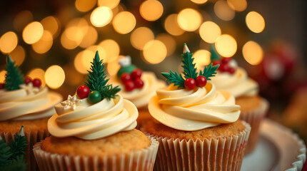 Christmas cupcakes decorate on table with bokeh lights background