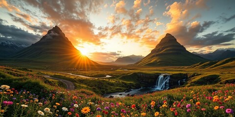 Summer Sunrise at Kirkjufell Mountain, Iceland, with Waterfall and Blooms