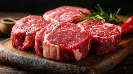 Raw Steaks: A close-up shot presents a mouthwatering display of fresh, raw steaks, perfectly portioned and ready for cooking, resting on a wooden cutting board with culinary herbs.