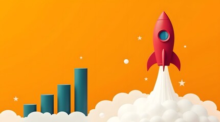 A rocket launching beside a rising bar graph. A business concept symbolizing startup growth, success, financial increase, and achieving new goals.