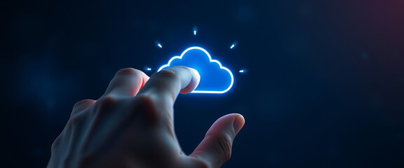 Hand Engaging with Illuminated Cloud Icon Representing Cloud Computing Technology | glowing cloud graphic, symbolizing modern cloud computing technology, innovation, and digital communication.