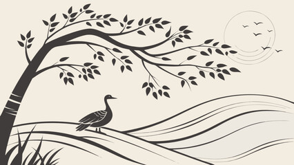 Vector landscape drawing of duck under tree with moon and birds silhouette nature illustration art