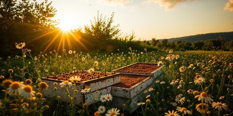 Tranquil Beehives & Daisies at Golden Hour