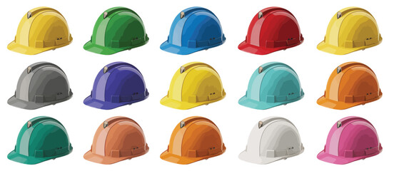 Collection of colorful safety helmets in a grid pattern