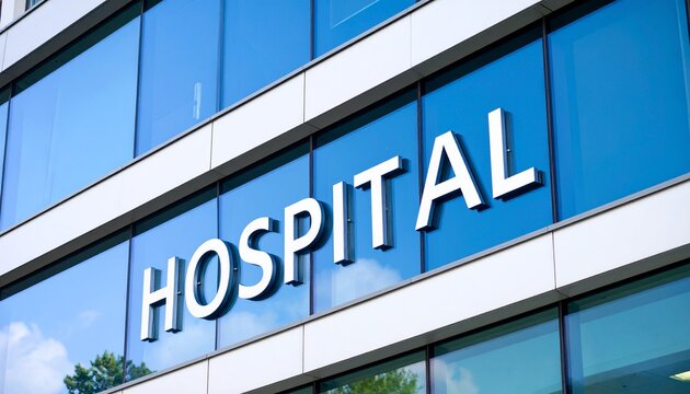 Modern hospital building with glass facade and the word HOSPITAL prominently displayed