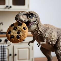 A toy Tyrannosaurus Rex steals a chocolate chip cookie in a kitchen setting.
