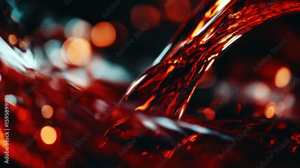 Poster liquid cascade in crimson: captivating close-up shot of liquid pouring, with dynamic lines and tones