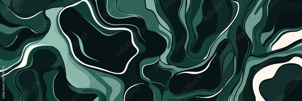 Poster abstract dark green fluid pattern with wavy organic shapes and white lines flowing in smooth gradien