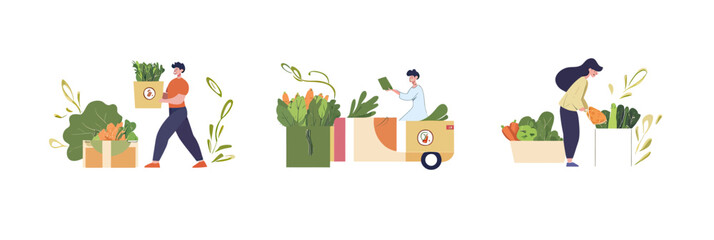 Fototapeta premium Online grocery shopping delivery illustration with characters receiving fresh organic vegetables and unpacking boxes in flat minimalist style