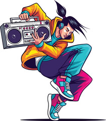 A dynamic cartoon illustration showcases a stylish young woman in mid-air, holding a boombox and wearing headphones, embodying a vibrant hip-hop culture aesthetic.