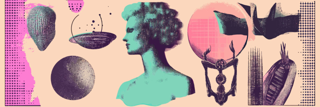 Surreal collage with turquoise classical female bust, black geometric shapes, deer skull with horns, halftone texture and abstract retro futurism elements in pastel pink background