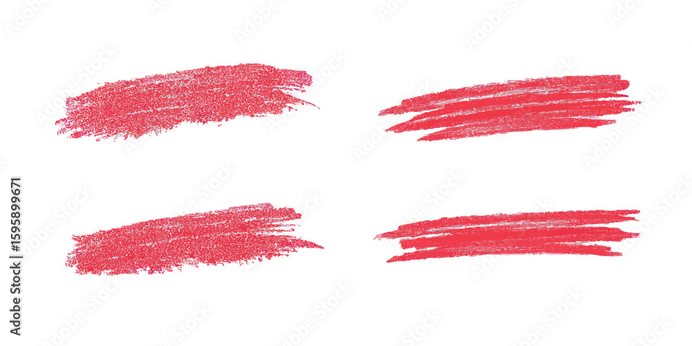 Poster set of four red crayon brush strokes with rough textured edges and hand drawn style on white backgro