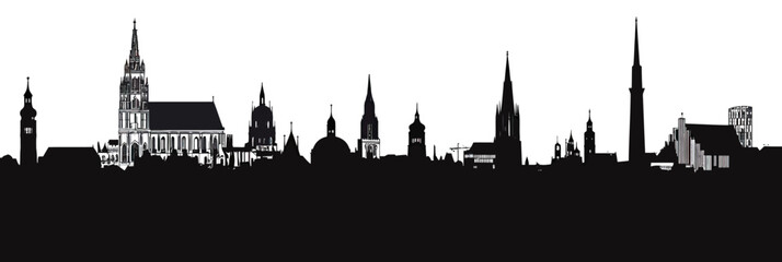 Obraz premium Black silhouette skyline of Munich city with distinctive historic architecture and modern buildings in flat minimalist vector style