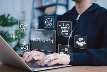 Procurement Management System for Supply Chain Efficiency. Person using laptop with procurement...