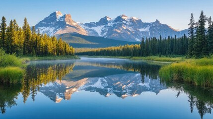 Mountain Reflection: A tranquil lake mirrors towering mountains, creating a picturesque scene of nature's grandeur, capturing the essence of serenity and natural beauty.