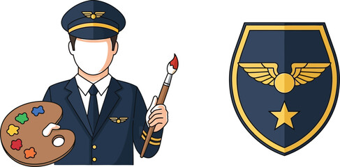 Obraz premium A cartoon pilot in uniform holds a paint palette and brush, next to an aviation badge, showcasing a unique blend of professions and creative expression.