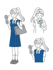 ハンディファンを持っている女子学生のイラストセット