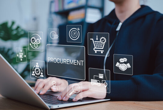 Procurement Management System for Supply Chain Efficiency. Person using laptop with procurement icons, symbolizing purchasing processes, supply chain, logistics, and strategic sourcing solutions.