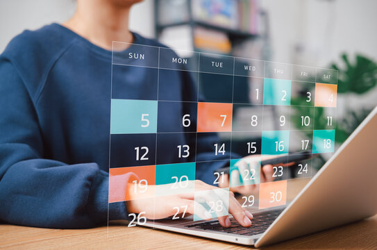 Calendar Scheduling for Personal and Work Organization. Woman using laptop with digital calendar representing time management, event scheduling, appointments, agenda meeting, and productivity planning