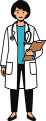 A friendly female doctor in a white coat and stethoscope holds a clipboard, ready to assist with healthcare and medical needs in a professional setting.