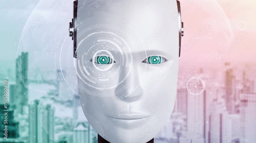 Poster robot hominoid face close up with graphic concept of ai thinking brain , artificial intelligence and
