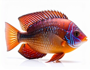 "Cinematic, full HD, and detailed photography of an ornamental fish, featuring a precise and creative shot, with a clean white background."