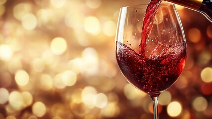 Crimson Cascade: A close-up shot captures the elegant act of pouring rich, ruby-red wine into a crystal glass, with a blurred background of warm.