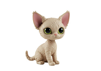 A light-skinned cat figurine with large green eyes sits upright against a white background.