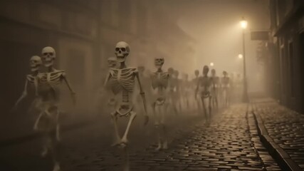 A procession of skeletons walking down a foggy cobblestone street at night, creating an eerie atmosphere - Powered by Adobe