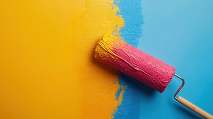 Painting the Vision: A close-up view shows a paint roller applying vibrant yellow paint onto a wall. The yellow hue is beautifully juxtaposed against a striking blue backdrop.
