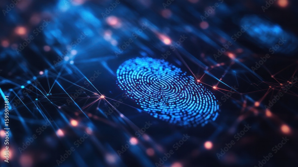 Poster digital fingerprint security: a close-up view of a digital fingerprint, glowing with intricate detai