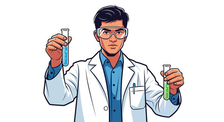 A scientist in a lab coat and safety glasses holds test tubes with blue and green liquid, showcasing scientific research and experimentation.