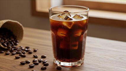 Glass of Iced Coffee on Wooden Table