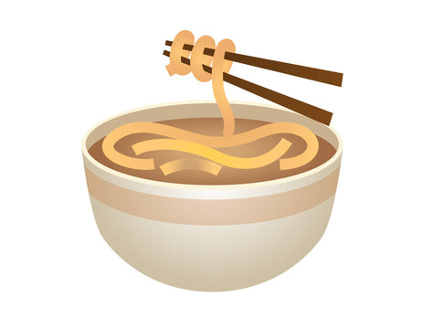A bowl of steaming hot food Japanese ramen noodles icon on transparent background